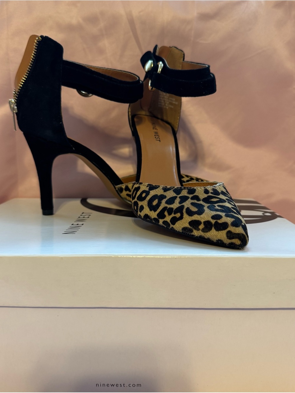 Nine West Leopard Print Pointed Toe Ankle-Strap Heels in Black and Brown